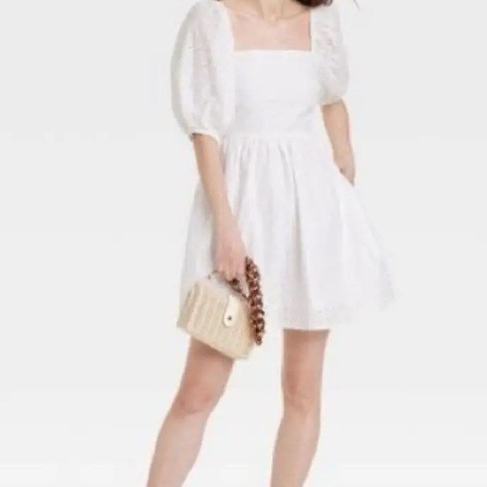 A New Day White Smocked Puff Sleeve Mini Dress